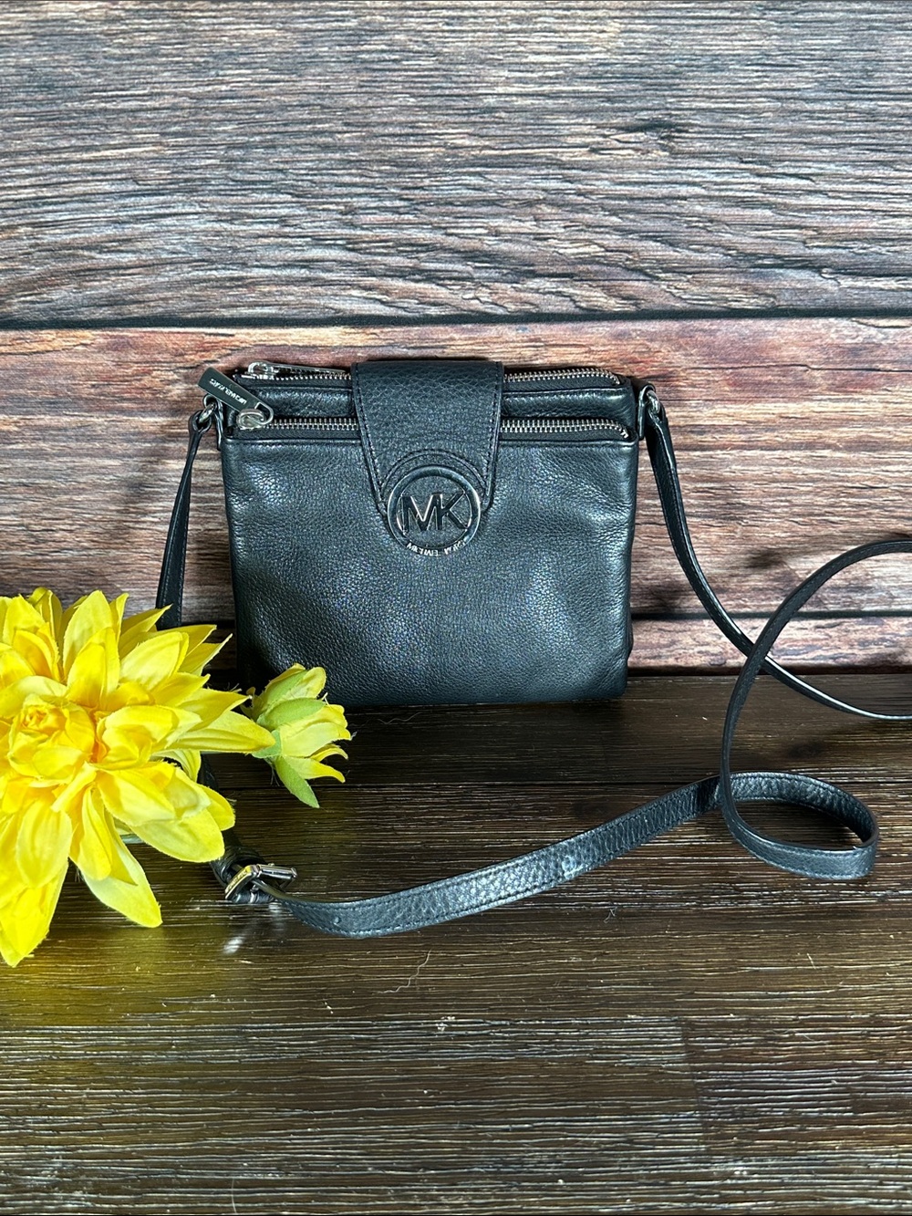 Michael Kors Black Leather Pebbled Crossbody with MK Medallion